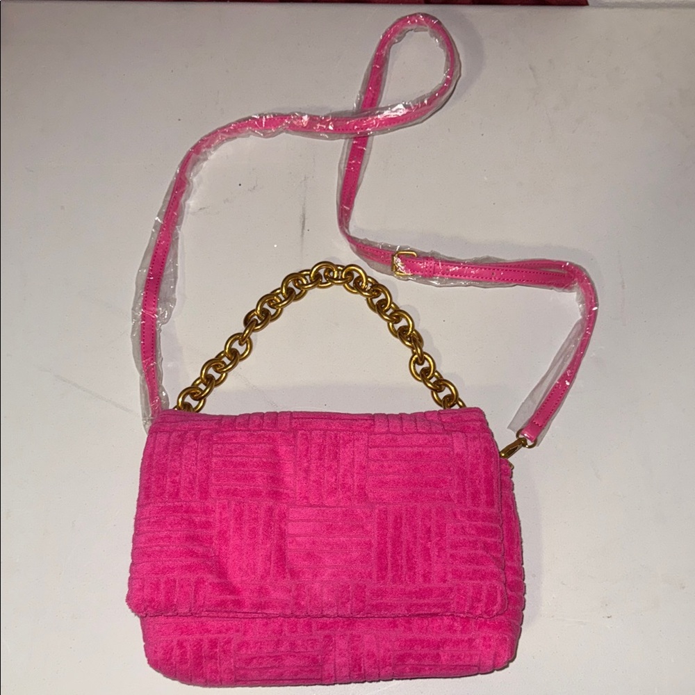NWOT Vibrant Pink Suede Crossbody Bag with Gold Chain